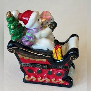 ☃️Snowman Trinket Box in Christmas Sleigh - Hand painted  Porcelain